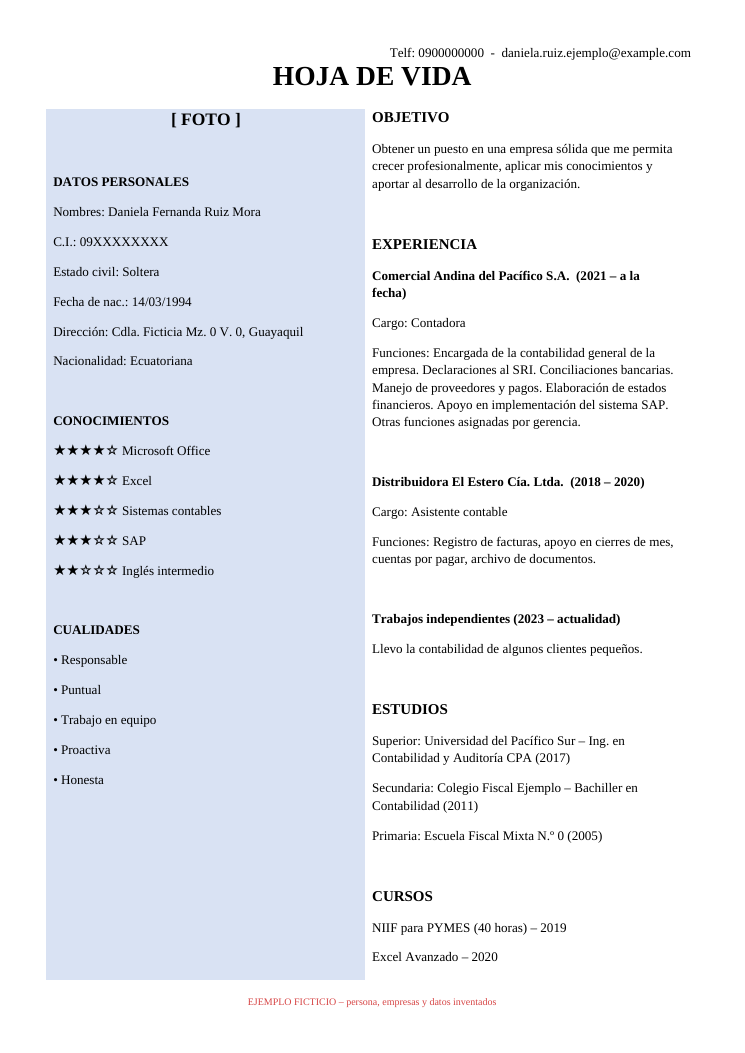 CV de ejemplo antes: diseño en dos columnas con tabla, foto, estado civil, estrellas de habilidades y lista de funciones